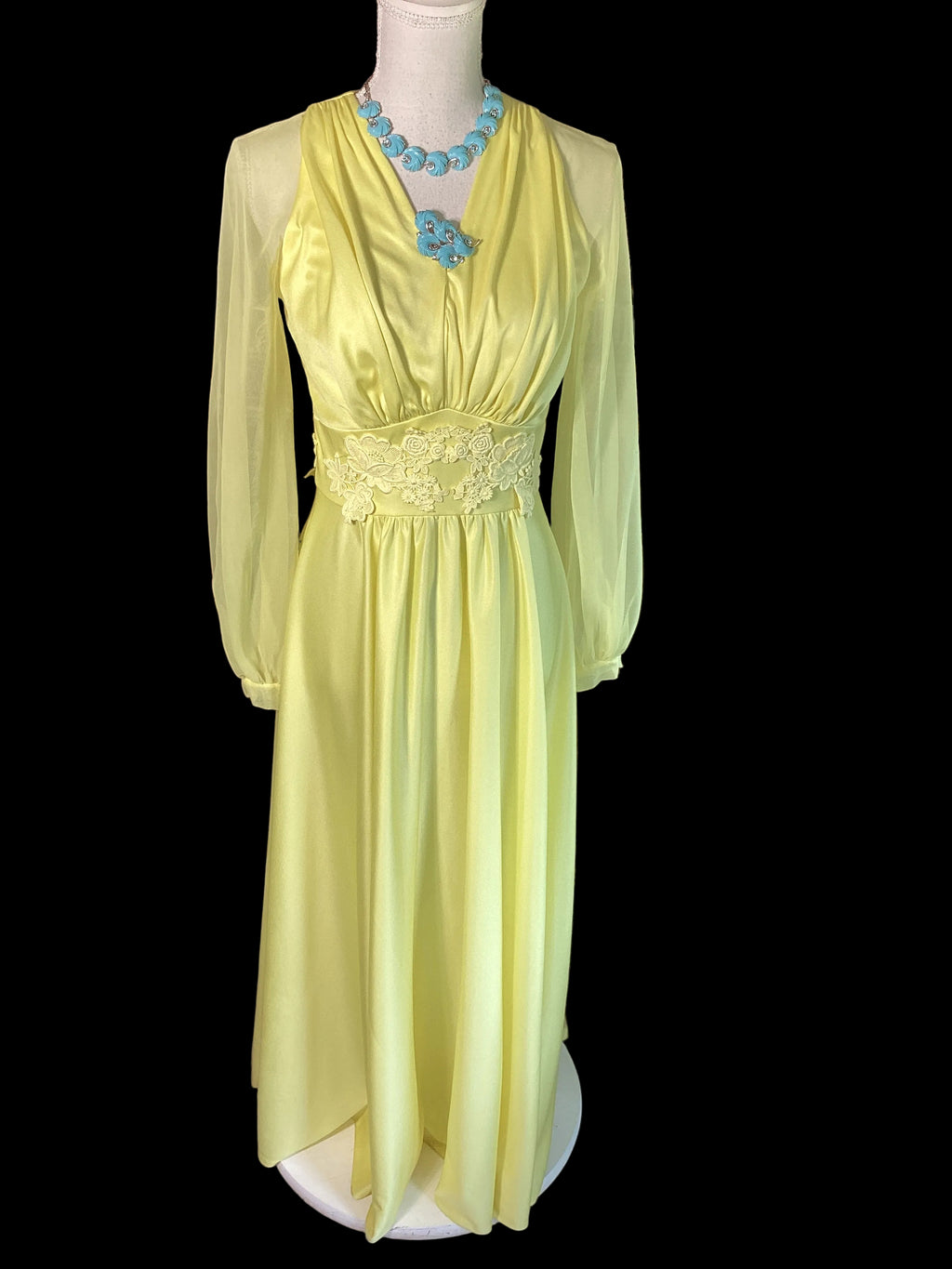 VTG 1970s Lemon Yellow Chiffon Maxi Dress