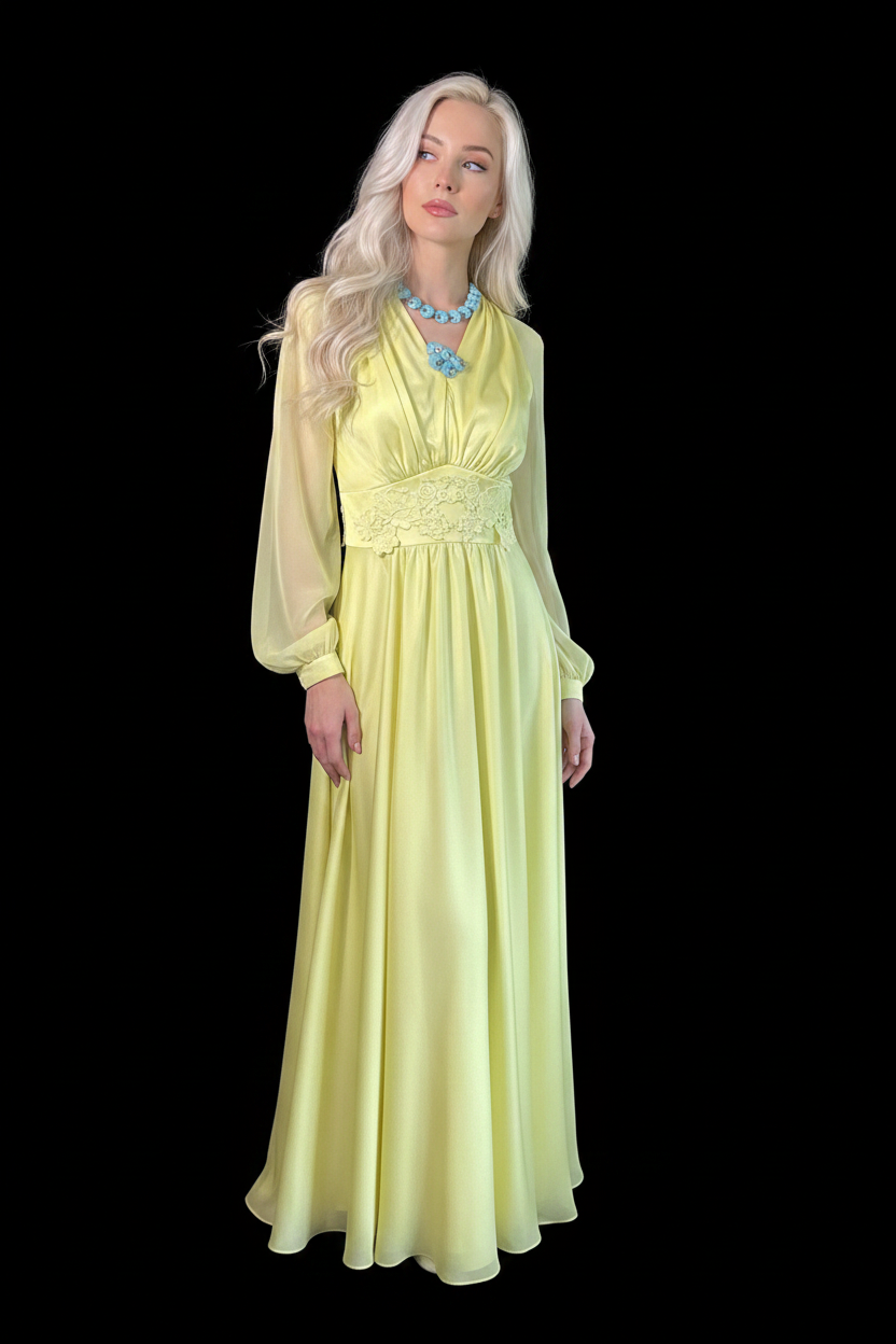 VTG 1970s Lemon Yellow Chiffon Maxi Dress