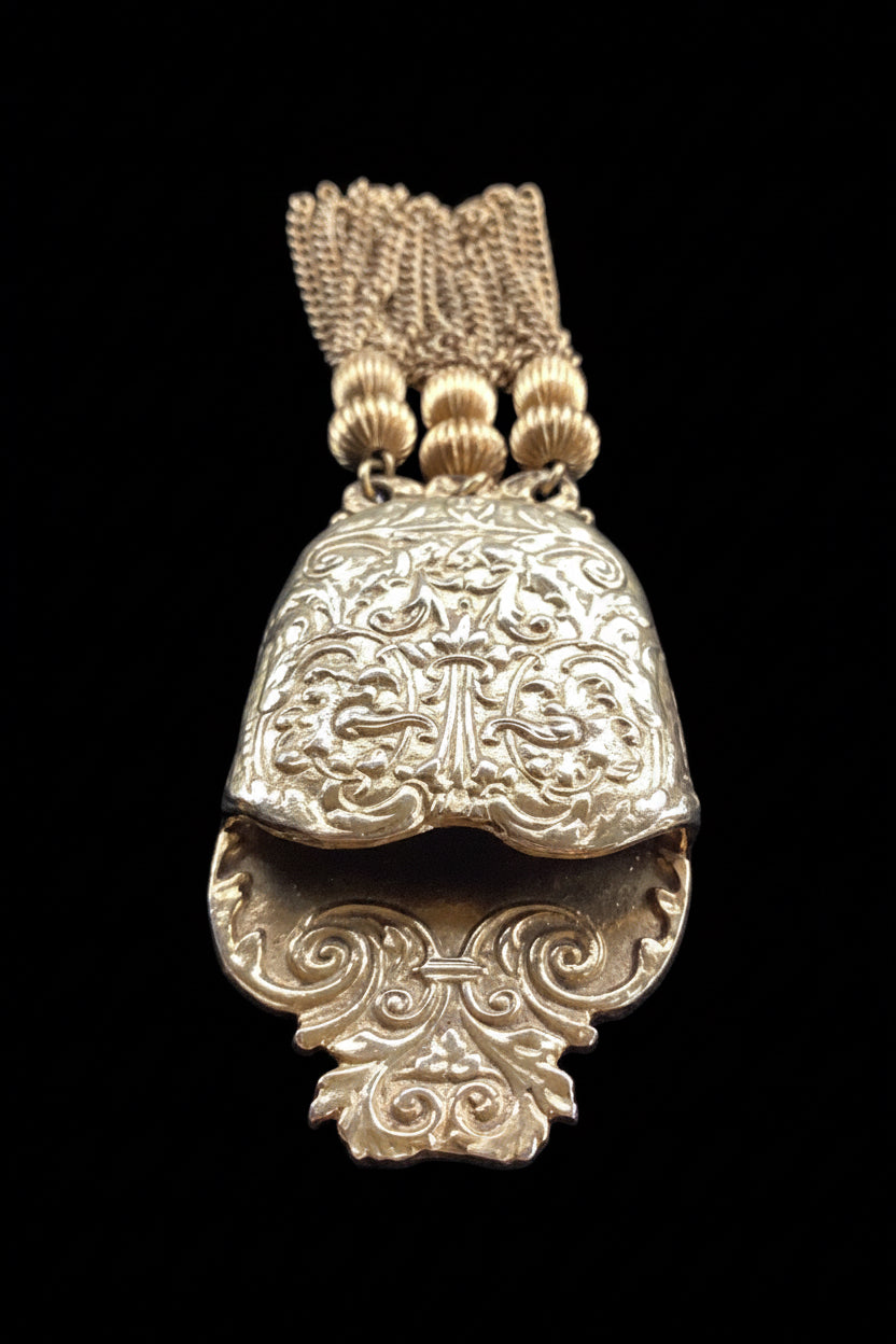 Circa 1960 Pauline Rader Etruscan Pouch Pendant Necklace & Matching Tassel Brooch Runway Couture Set