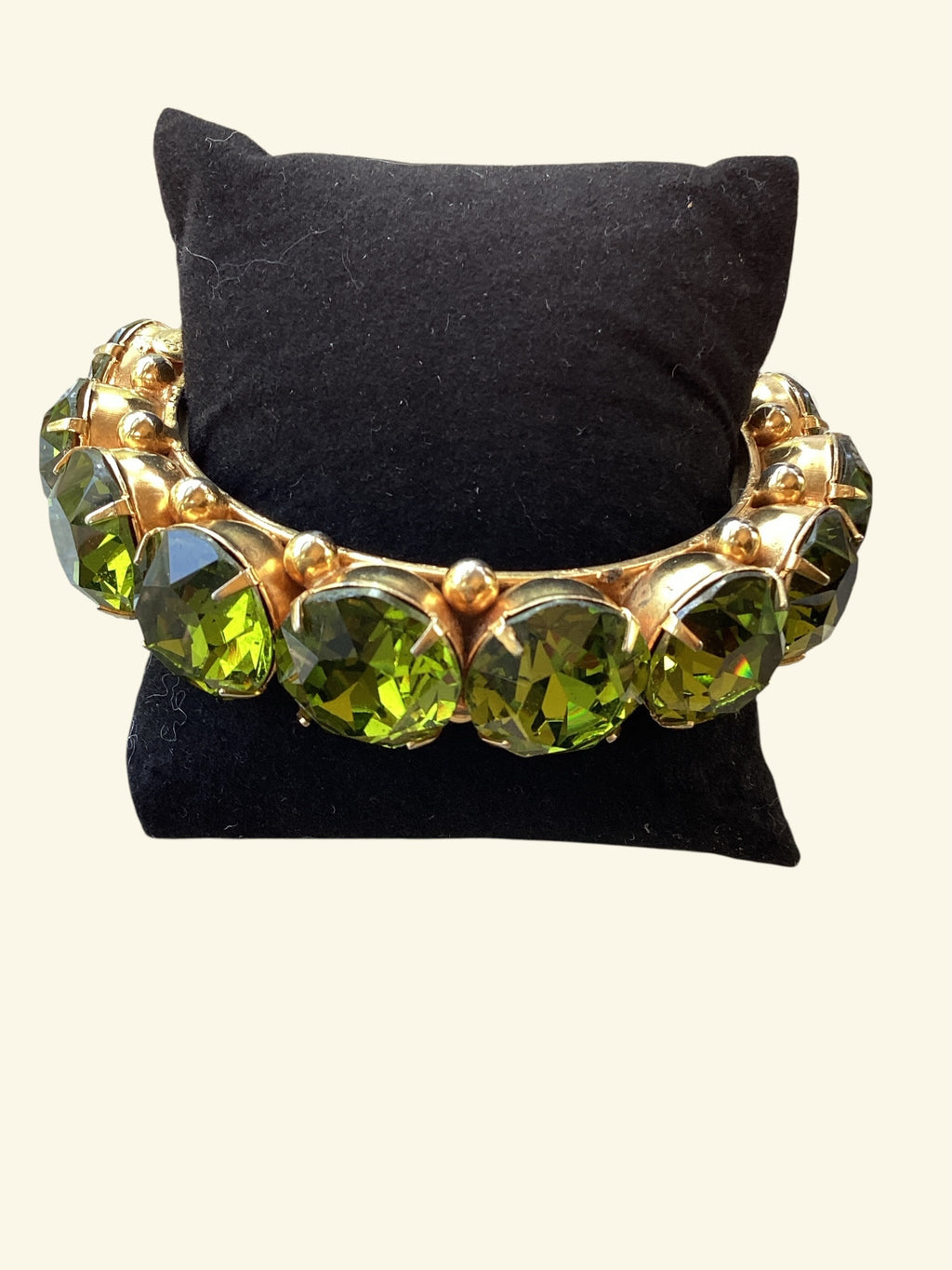 Rare Robert Sorrell Originals Couture Statement Bangle Bracelet - Massive Prismatic Olivine Crystals in 
Ornate Gold-Tone