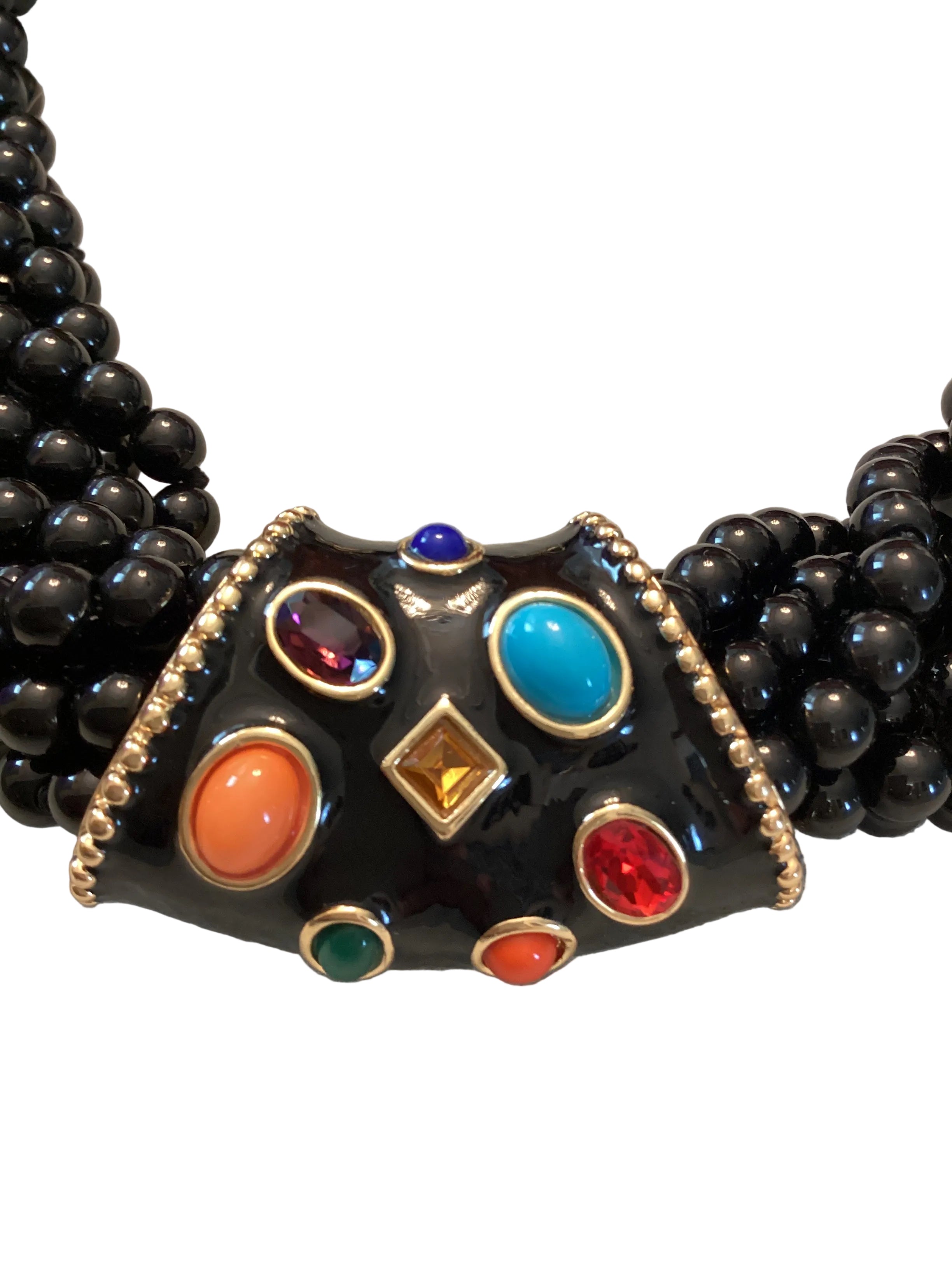 Circa 1980’s Kenneth Jay Lane KJL Multi-Strand Multi-Color Cabochon Black Enamel Necklace & Bangle Set