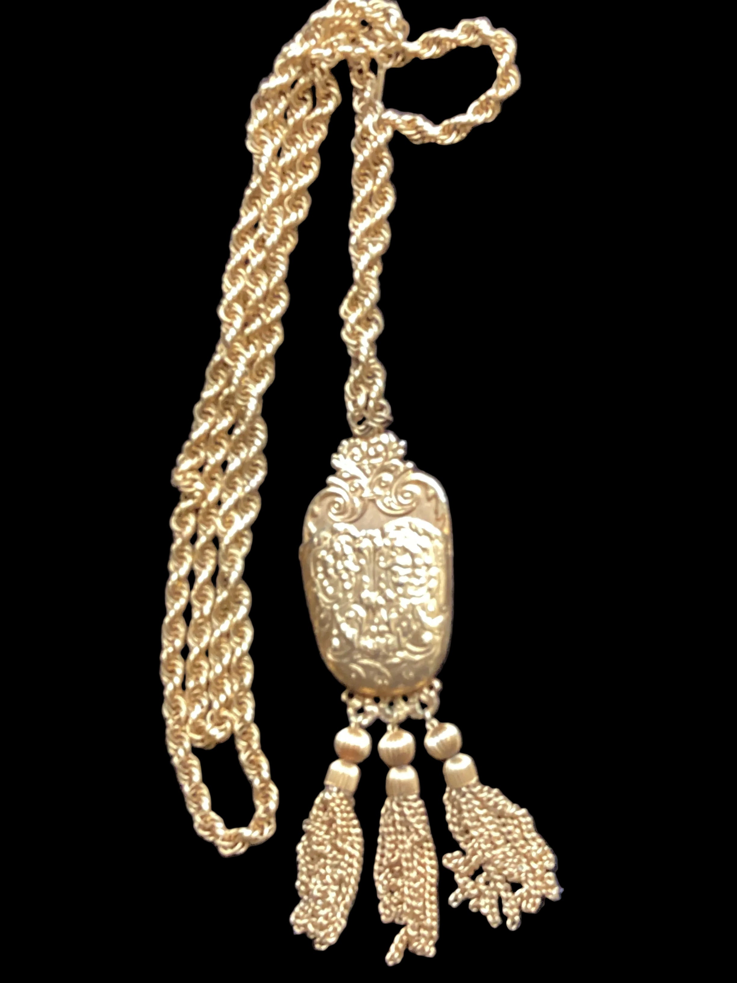 Circa 1960 Pauline Rader Etruscan Pouch Pendant Necklace & Matching Tassel Brooch Runway Couture Set