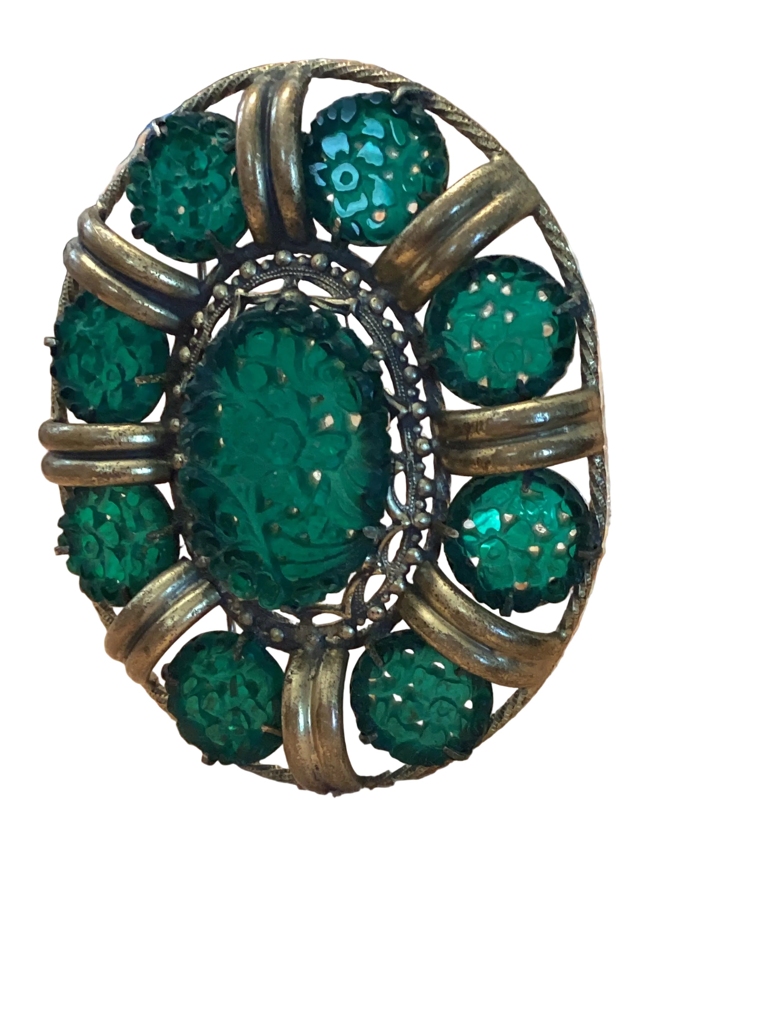 Art Deco Era Green Glass Floral Brooch/Pendant