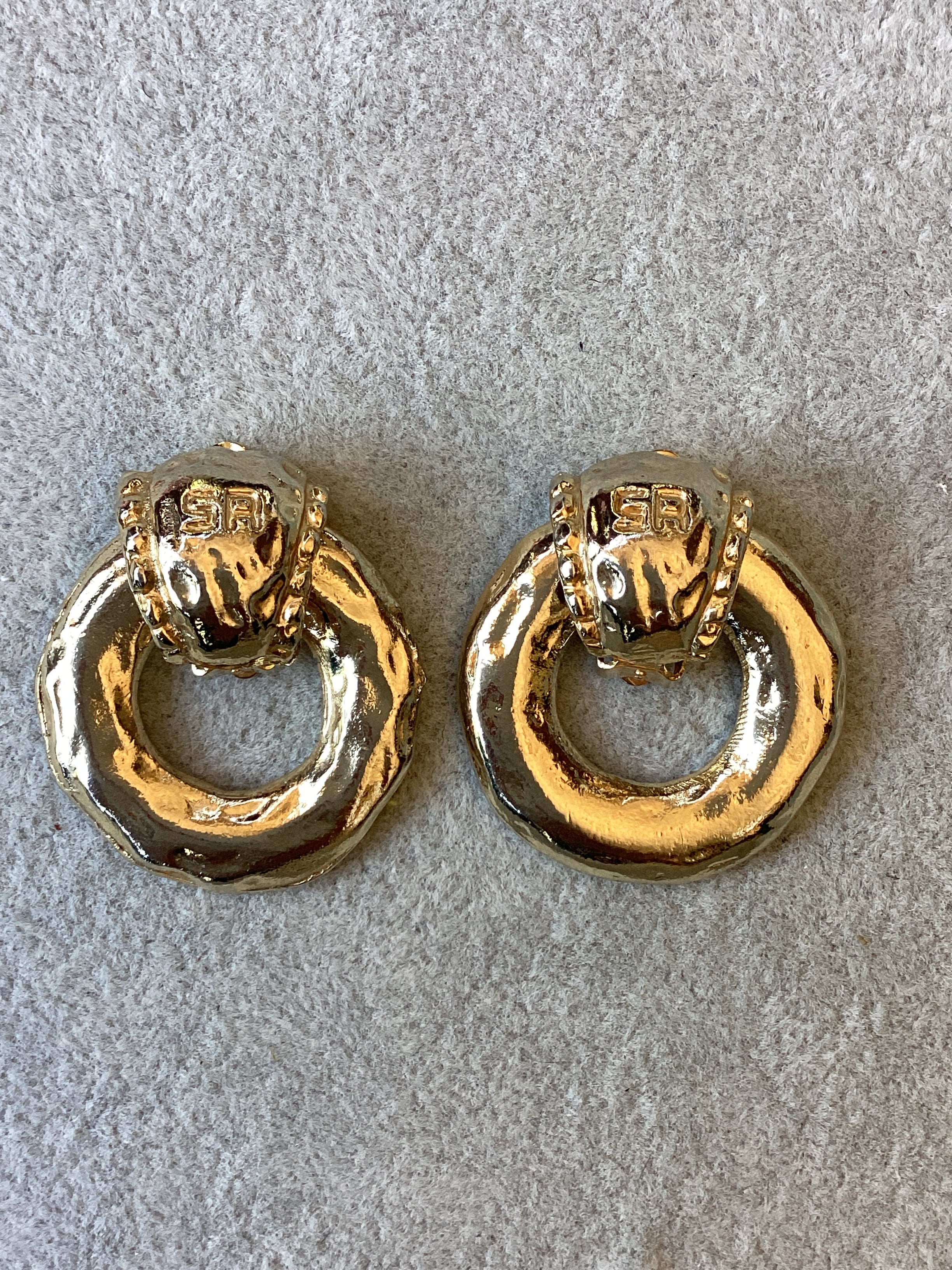 Vintage 1980’s Sonia Rykiel Paris Convertible Door Knocker Clip Earrings Hammered Gold