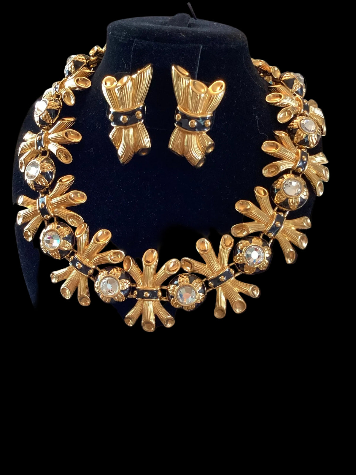 Vintage Fendi Gold-Plated Black Enamel Collar Necklace and Earring Parure