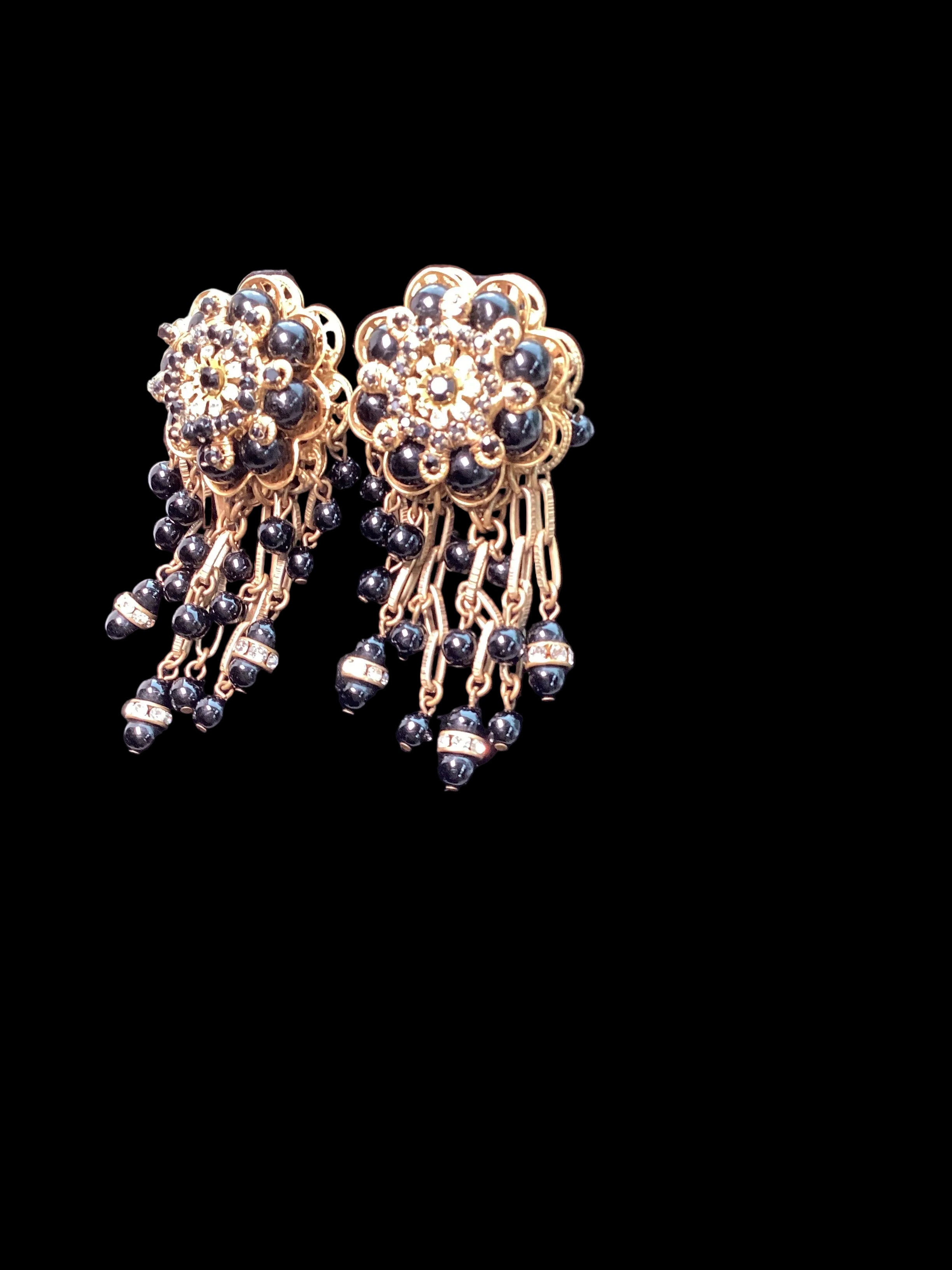 Rare Vintage Stanley Hagler N.Y.C. Jet Black Bead & Crystal Waterfall Earrings