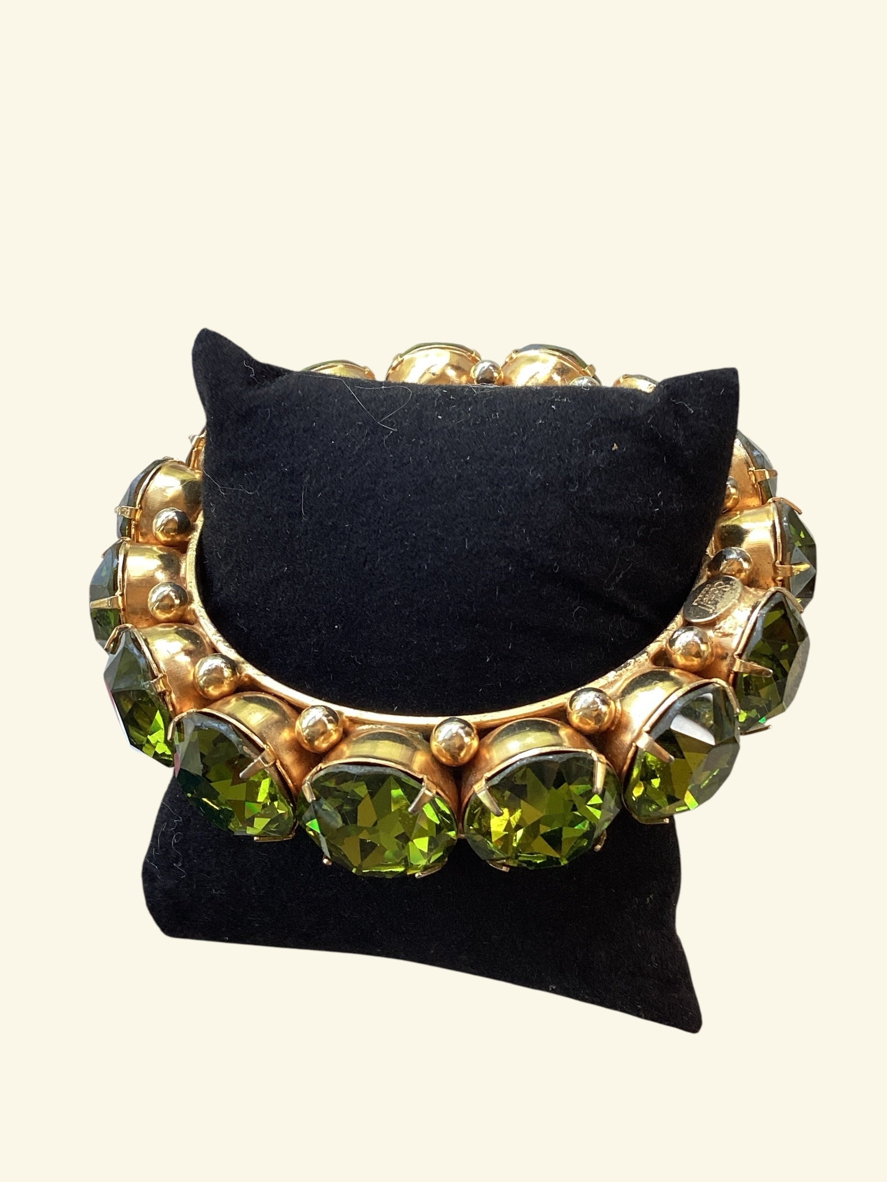 Rare Robert Sorrell Originals Couture Statement Bangle Bracelet - Massive Prismatic Olivine Crystals in 
Ornate Gold-Tone