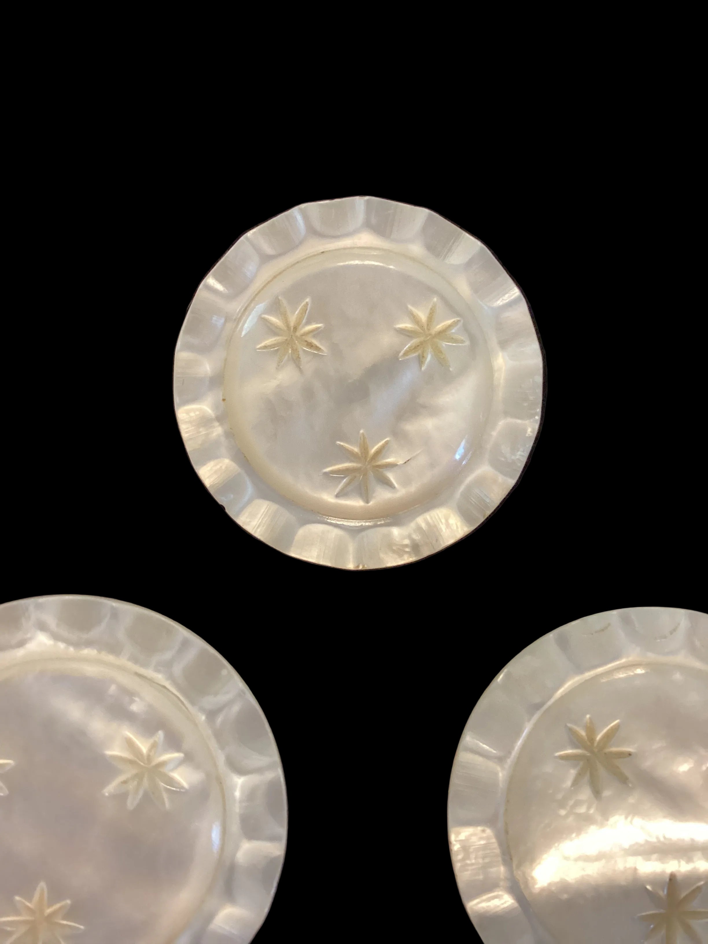 Antique Carved Mother of Pearl Sweetheart Pins Set of 3 Star Pattern Scalloped Edge C-Clasp Pre-1910