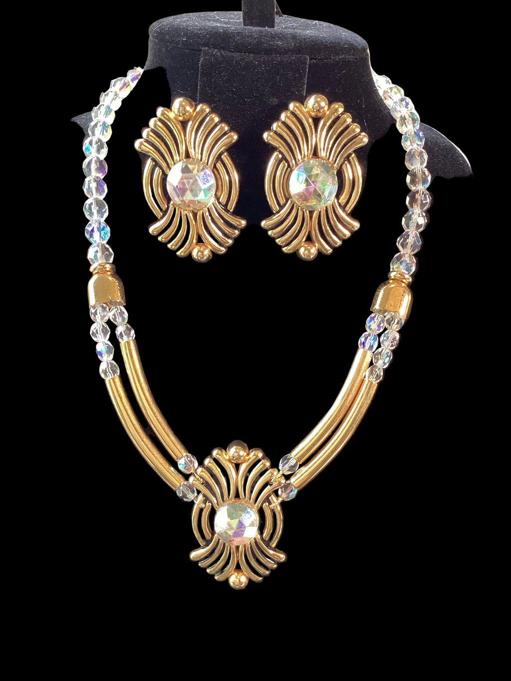 Laure de Gazaillan Paris Statement 1980’s Runway Couture Parure – Gold-Tone Double Gas-Pipe Necklace & Clip-On Earrings