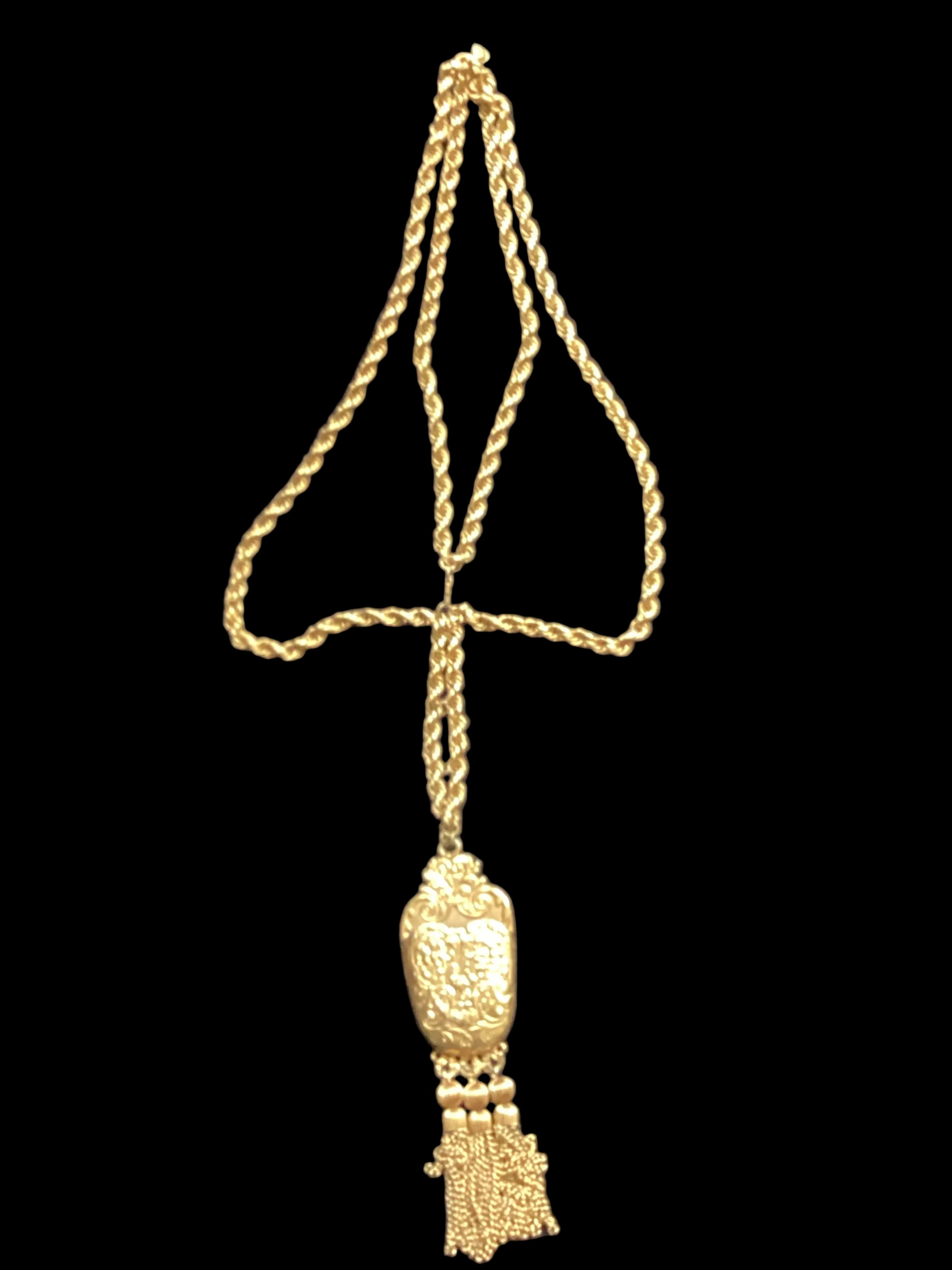 Circa 1960 Pauline Rader Etruscan Pouch Pendant Necklace & Matching Tassel Brooch Runway Couture Set