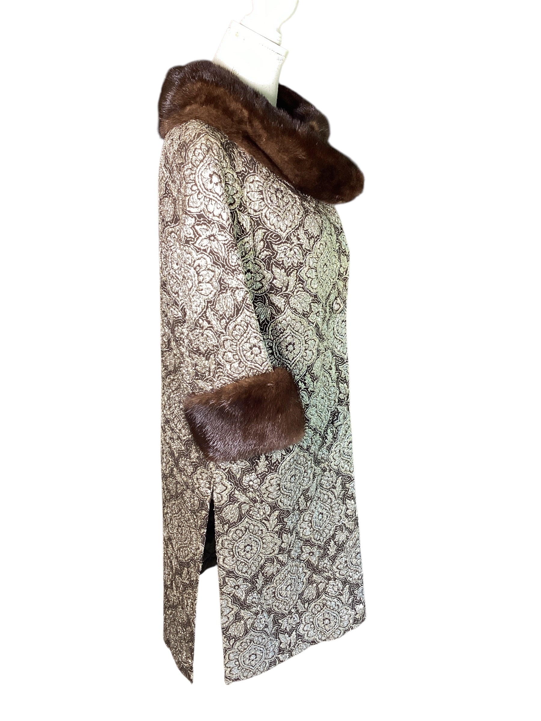 Vintage 1960s Custom Couture Brocade Shift Coat, Mahogany Mink Fur Collar & Cuffs