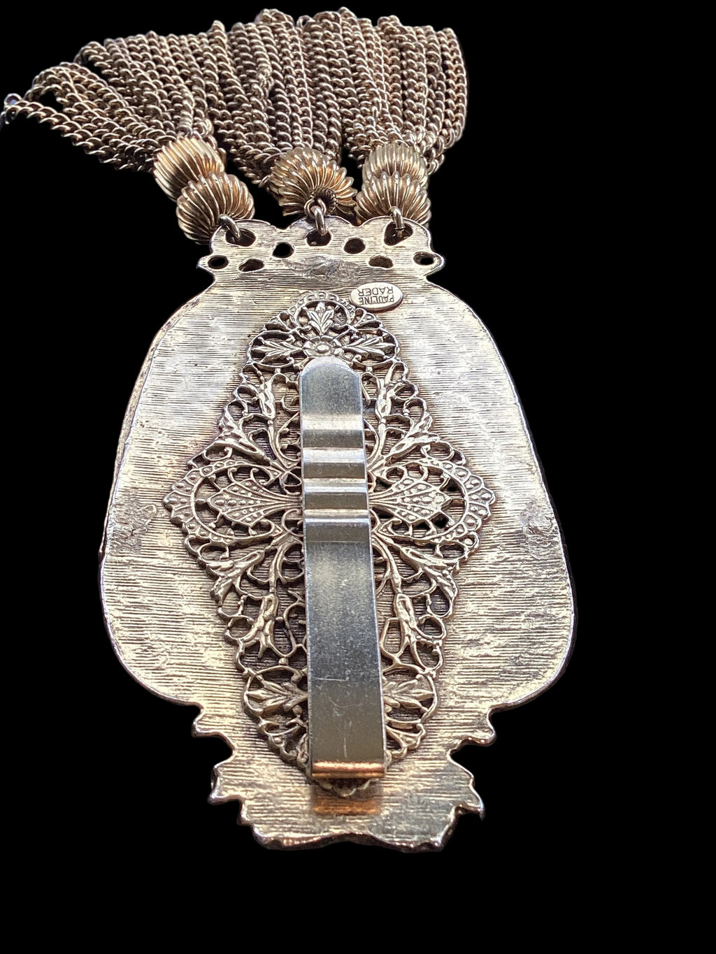 Circa 1960 Pauline Rader Etruscan Pouch Pendant Necklace & Matching Tassel Brooch Runway Couture Set