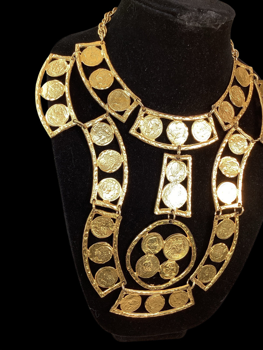 Rare & Incredible Circa 1960 Kenneth Lane Gold Plated Coin Bib Necklace