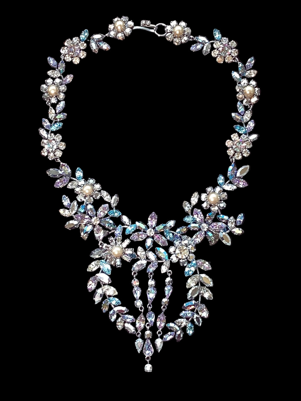 Circa 1950’s Made in Austria Bermuda Blue Rhinestone Bib Necklace & Western Germany Earrings