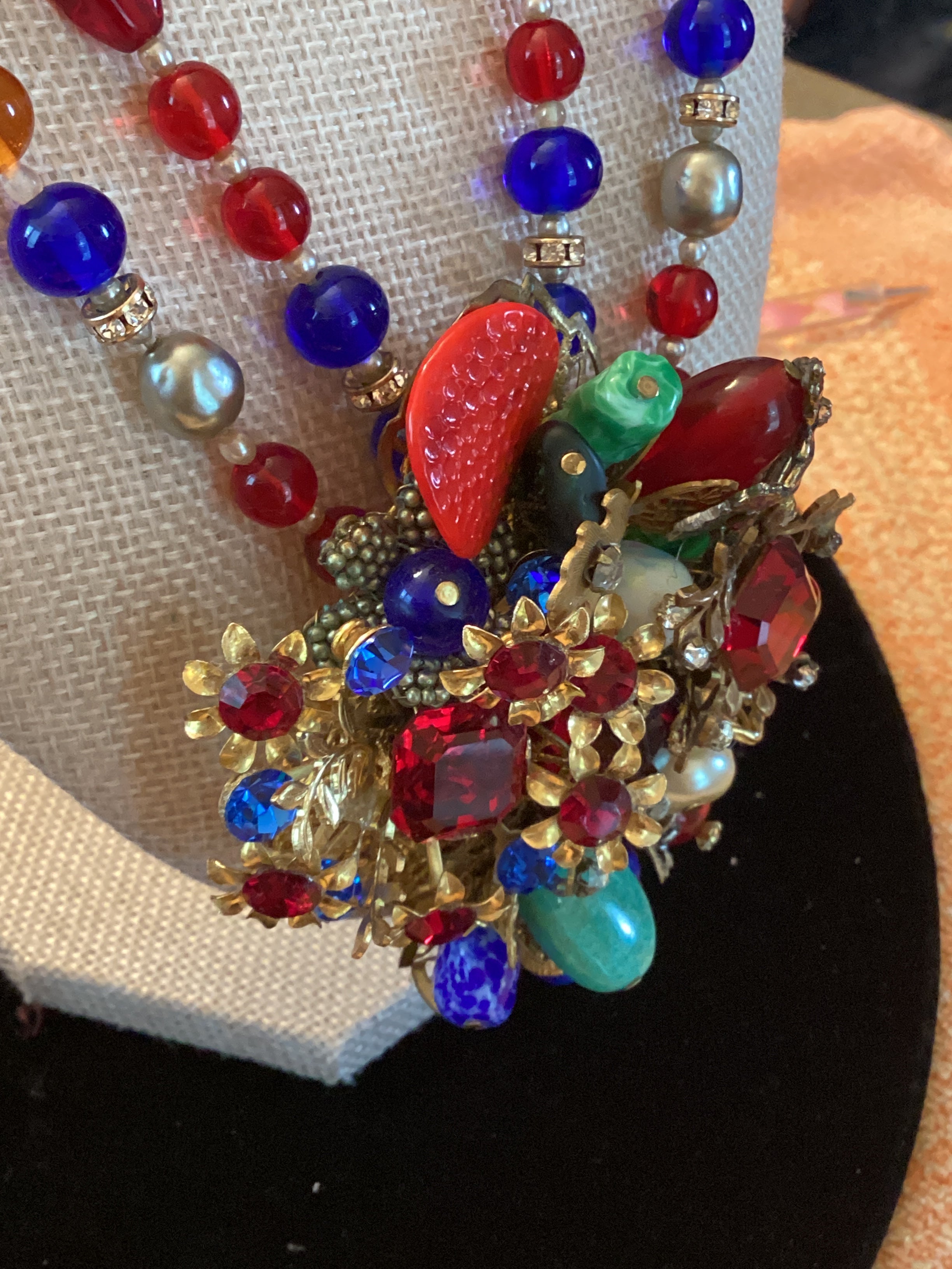 Vintage Mid-Century Beaded Cluster Statement Necklace & Brooch