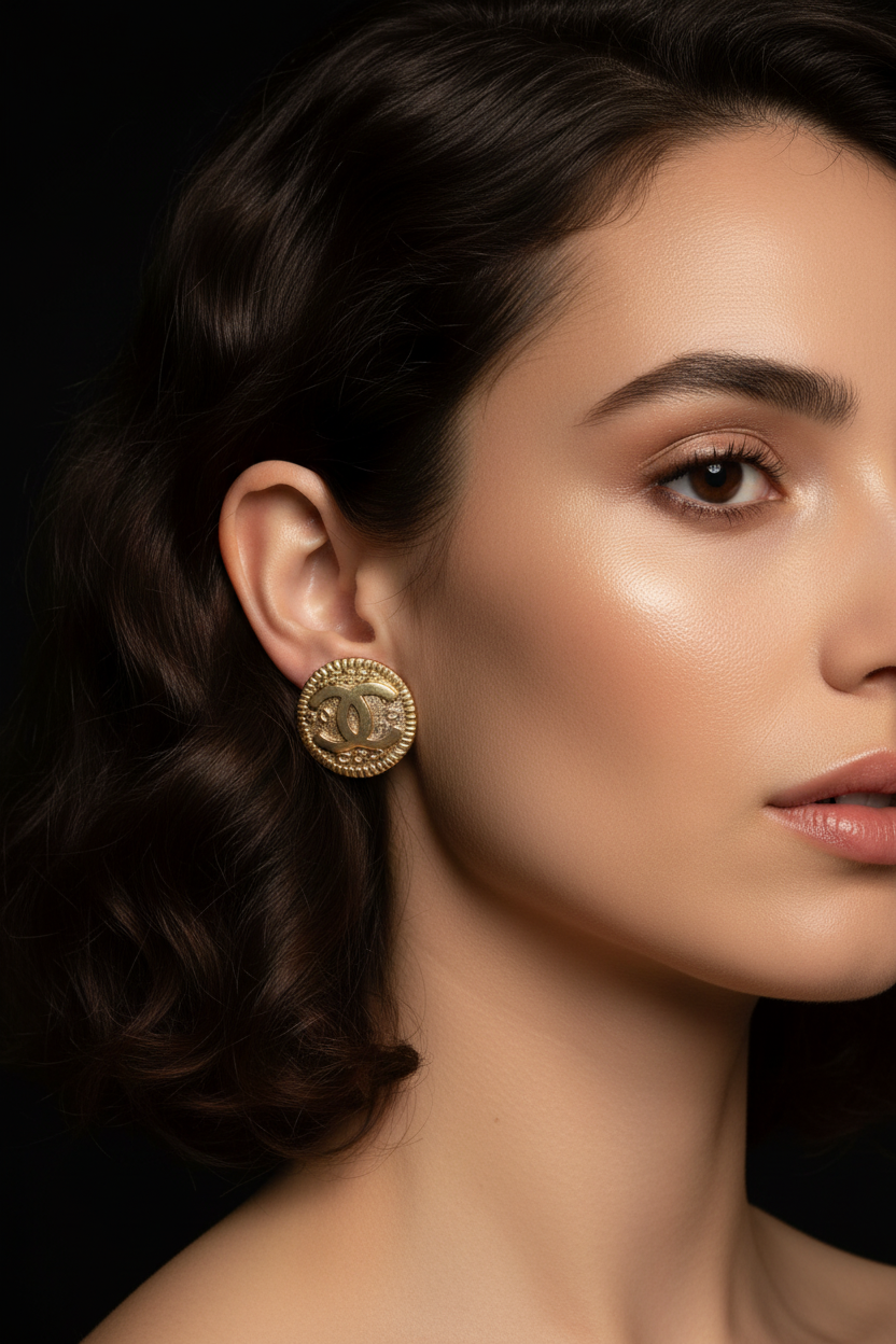 CHANEL Gold CC Medallion Button Earrings