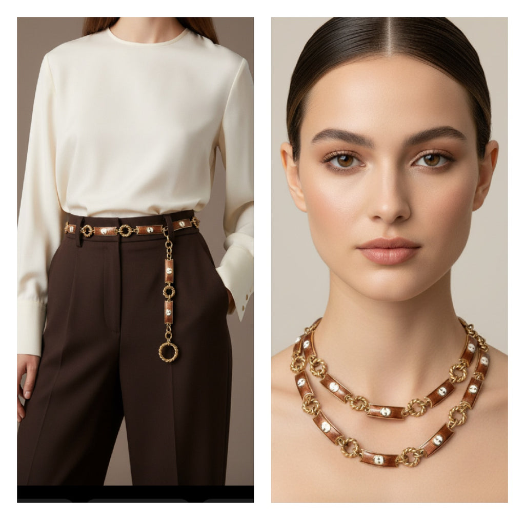 Vintage 1970s Gucci Enamel Chain Link Necklace/Belt Gold Tone Bronze Interlocking
GG Logo