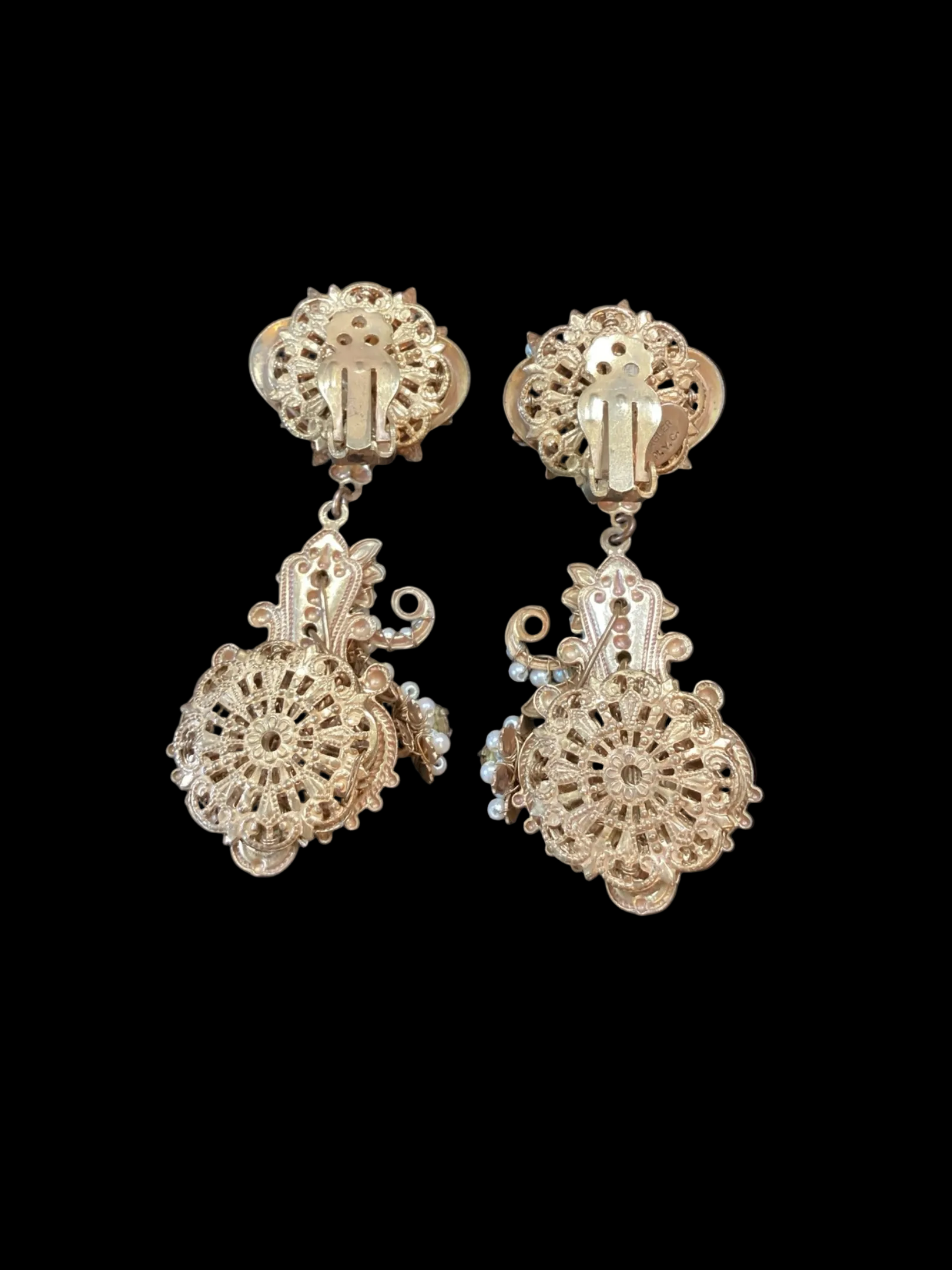 Rare Vintage Stanley Hagler Black Cabochon & Pearl Clip Earrings