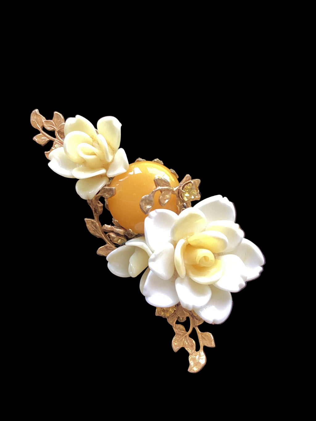 Vintage Miriam Haskell Rose & Butterscotch Cabochon Glass Brooch