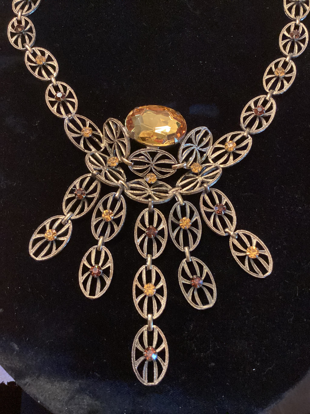 Antique Art Deco Brass Filigree Citrine Glass Necklace & Earrings Set