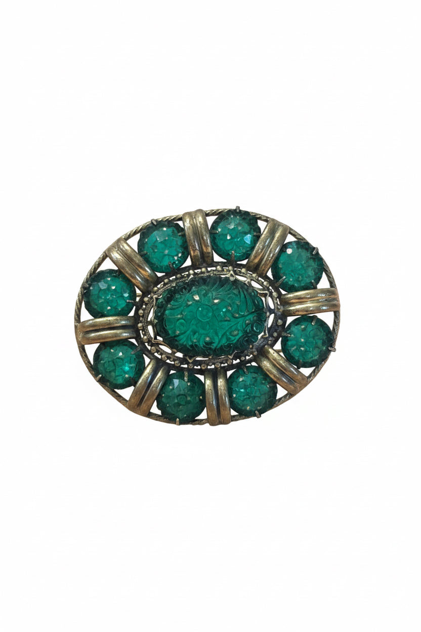 Art Deco Era Green Glass Floral Brooch/Pendant