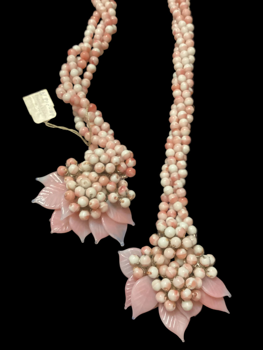 Museum-Quality 1940s Miriam Haskell/Frank Hess Pink & White Swirled Glass Lariat & Dress Clip Set - Archival Store Display Provenance