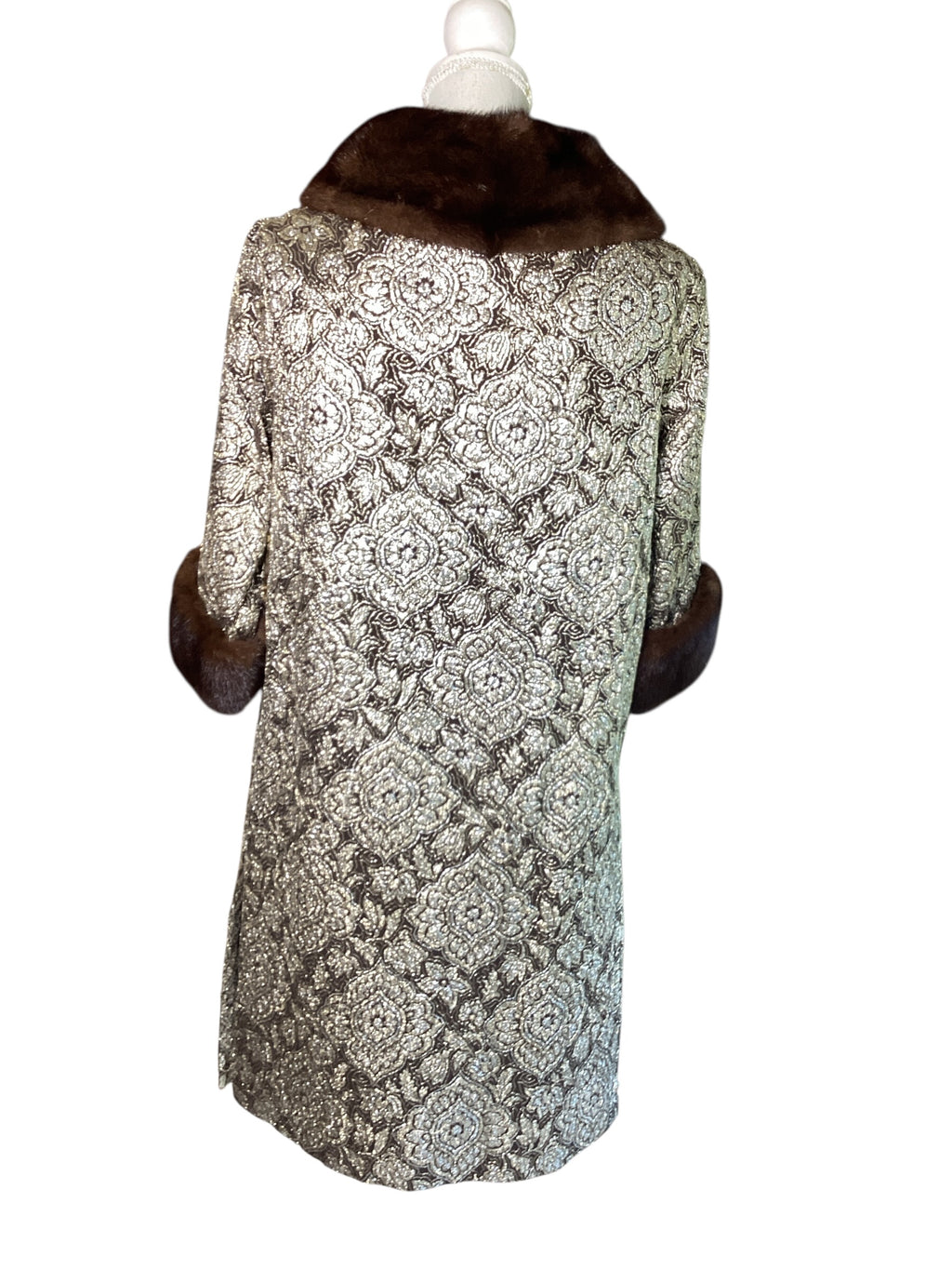 Vintage 1960s Custom Couture Brocade Shift Coat, Mahogany Mink Fur Collar & Cuffs