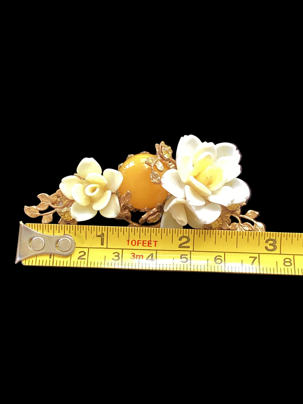Vintage Miriam Haskell Rose & Butterscotch Cabochon Glass Brooch
