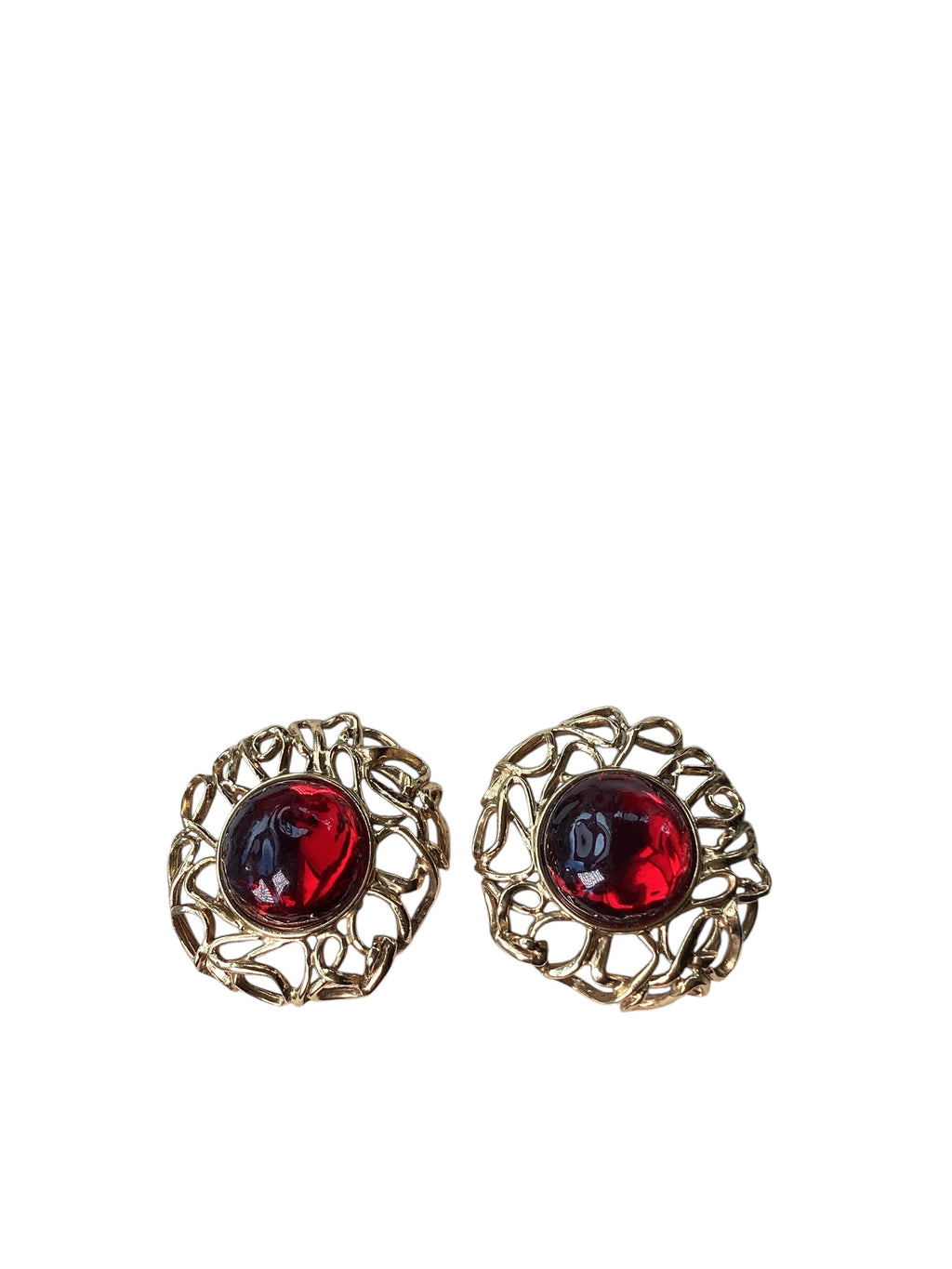 Circa 1980 YSL Goossens Openwork Red Cabochon Clip Earrings