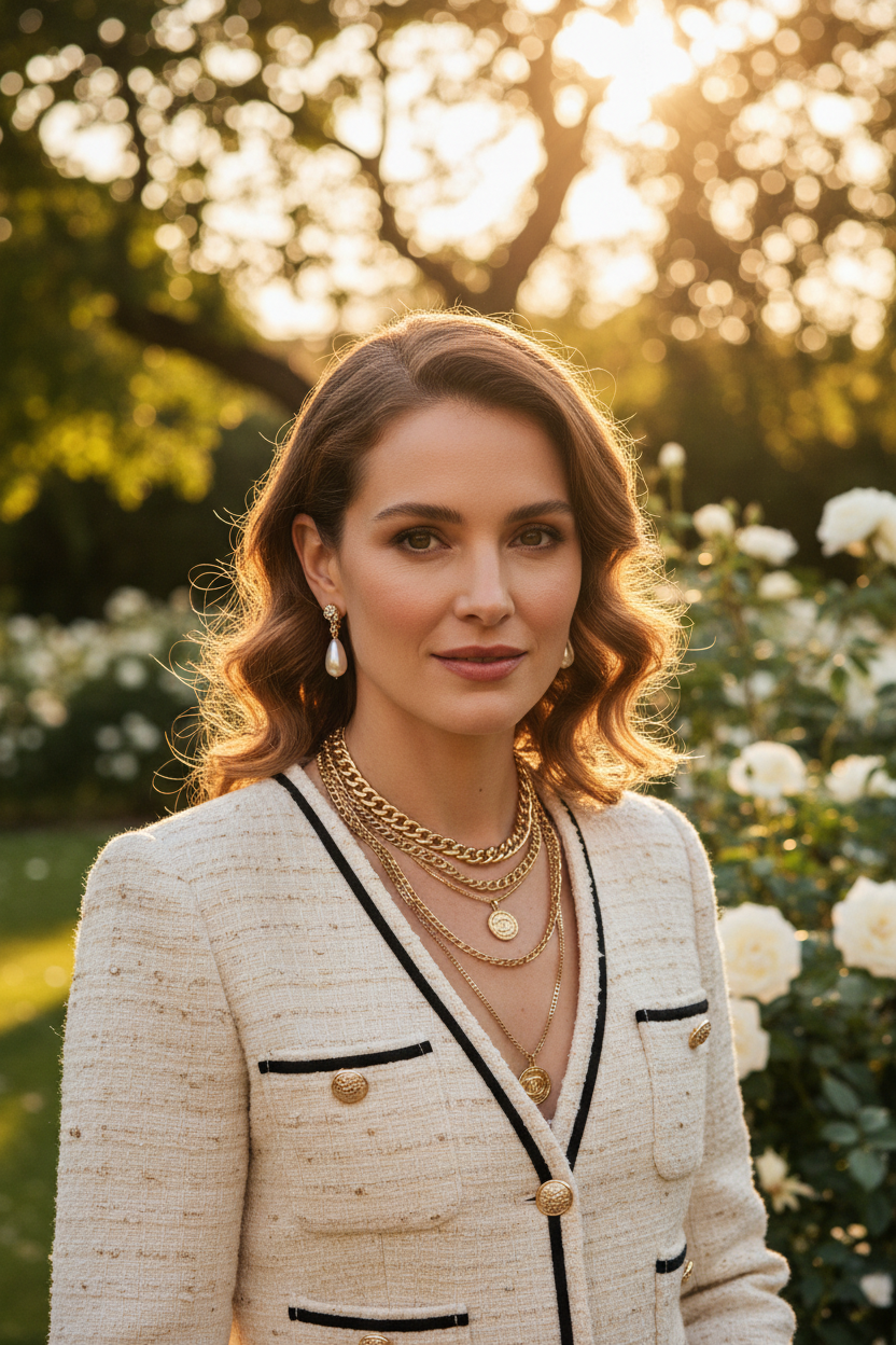 Wider golden hour shot with gold chain necklaces