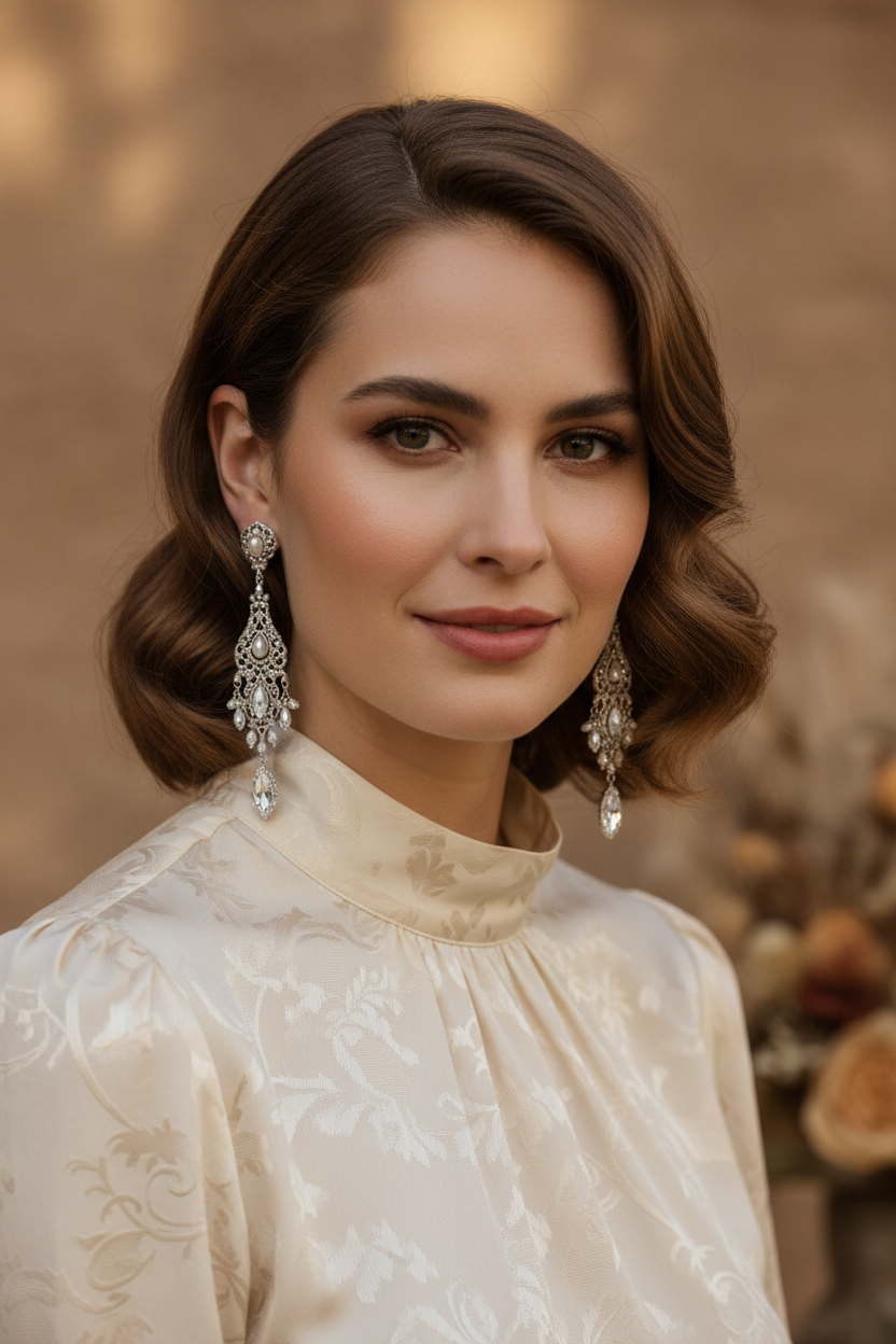 Woman with long silver earrings